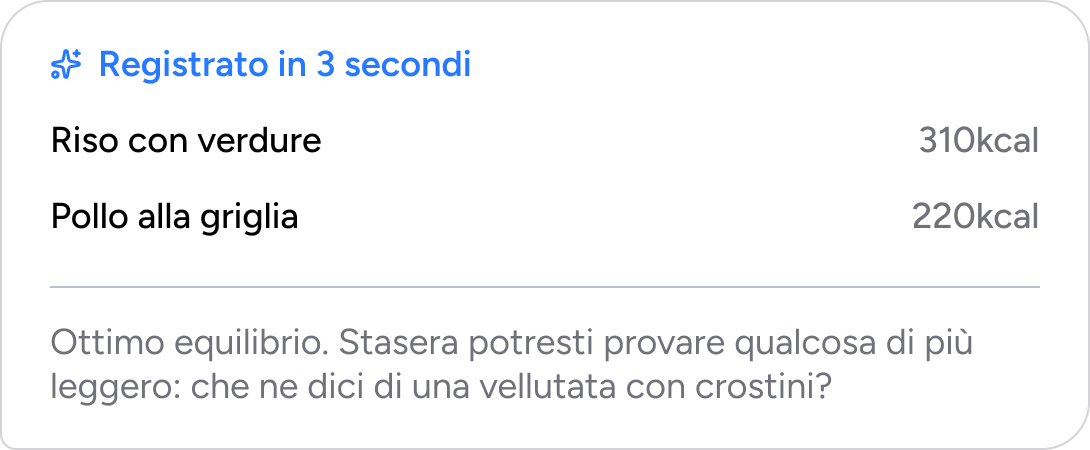 Registrato in 3 secondi: Riso con verdure 310kcal, Pollo alla griglia 220kcal